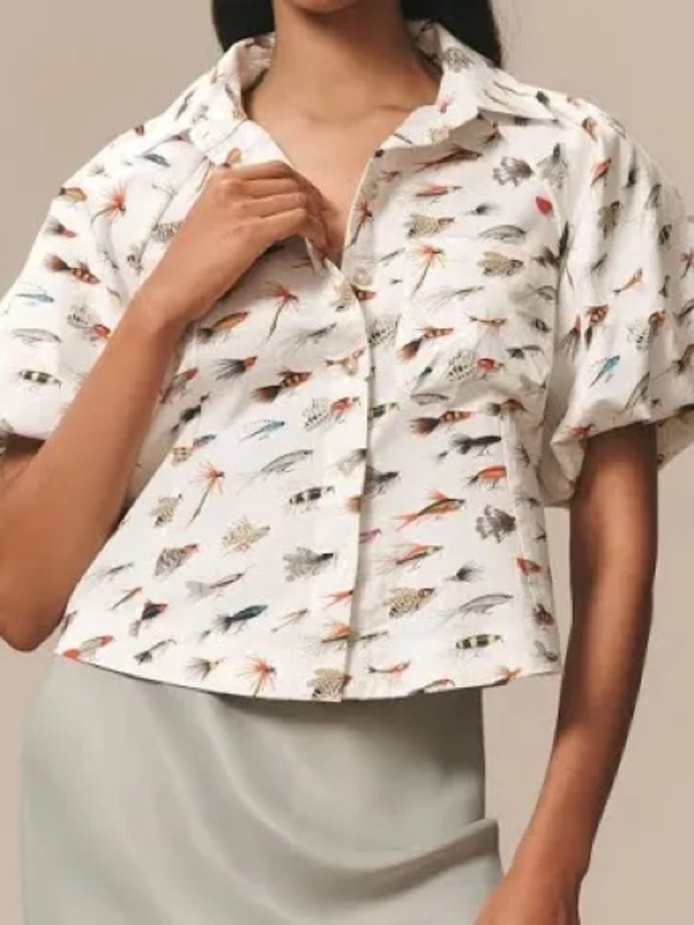 Maeve Cream Button-Down Short Sleeve Top with Multicolor Fish Print